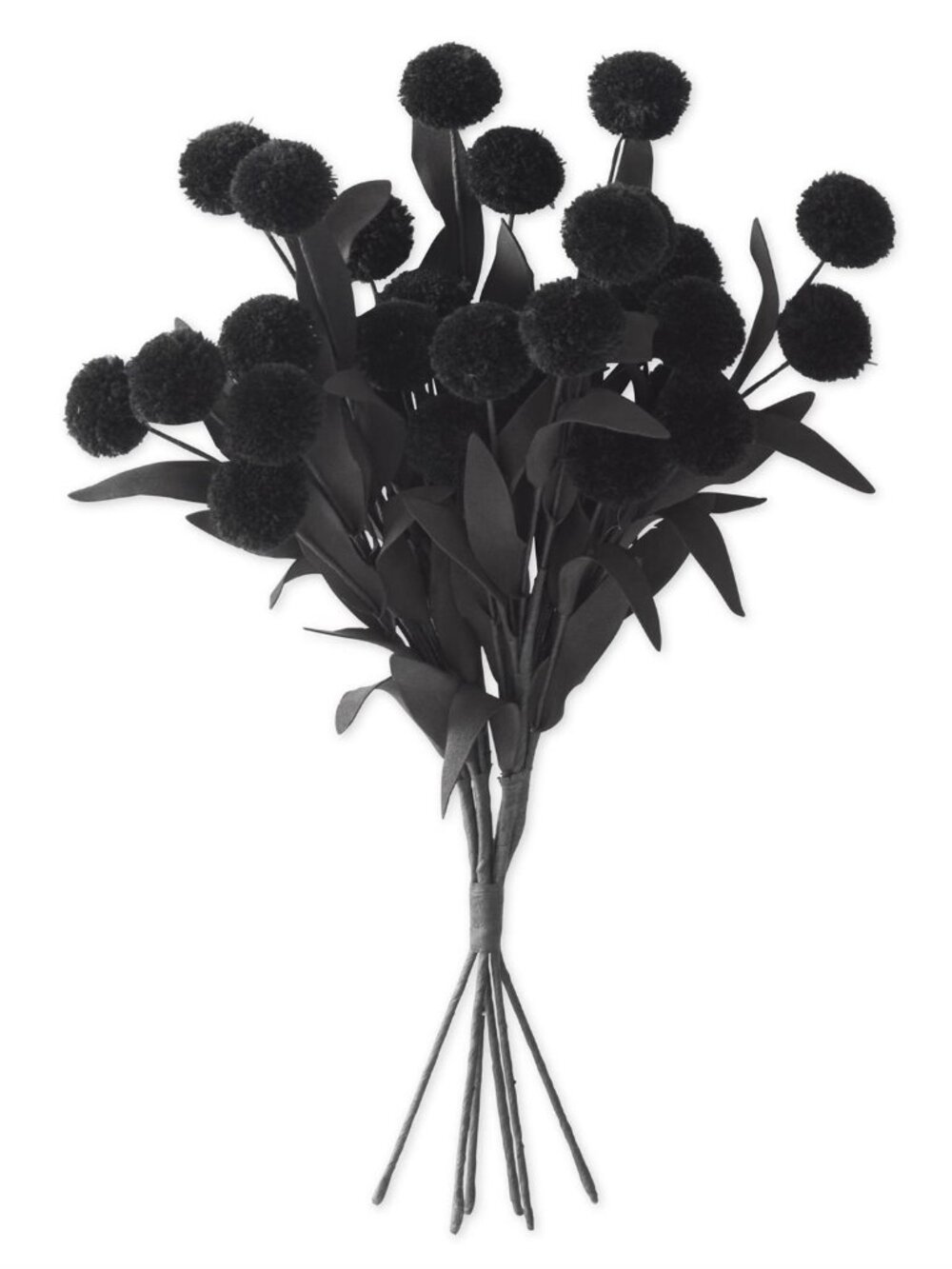 13 Inch Black Pompom Pick w/Black Eva Leaves Bundle (6 Stems) NEW
